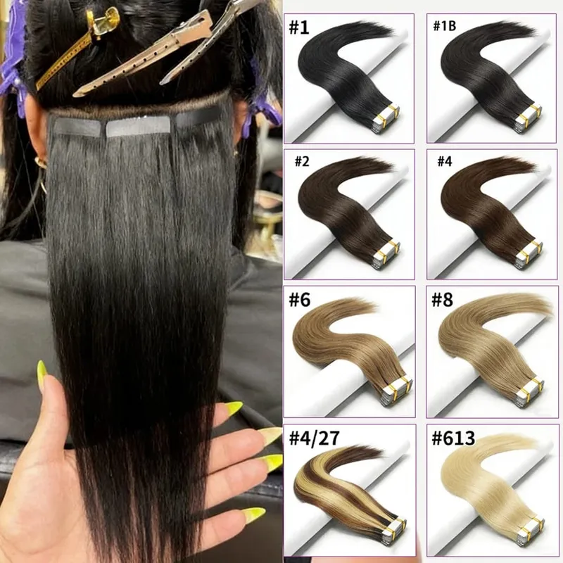 Tape In Hair Extensions Virgin Human Hair Chocolate Dark Brown Silk Straight Invisible Tape On Extensions for Women 50G 20pcs
