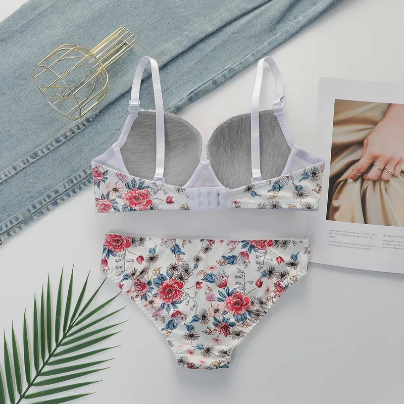 Sexy Lingerie Set for Women Pretty Printed Brassiere Push Up Bra with Steel Ring Everyday Underwear Panty Bras Set