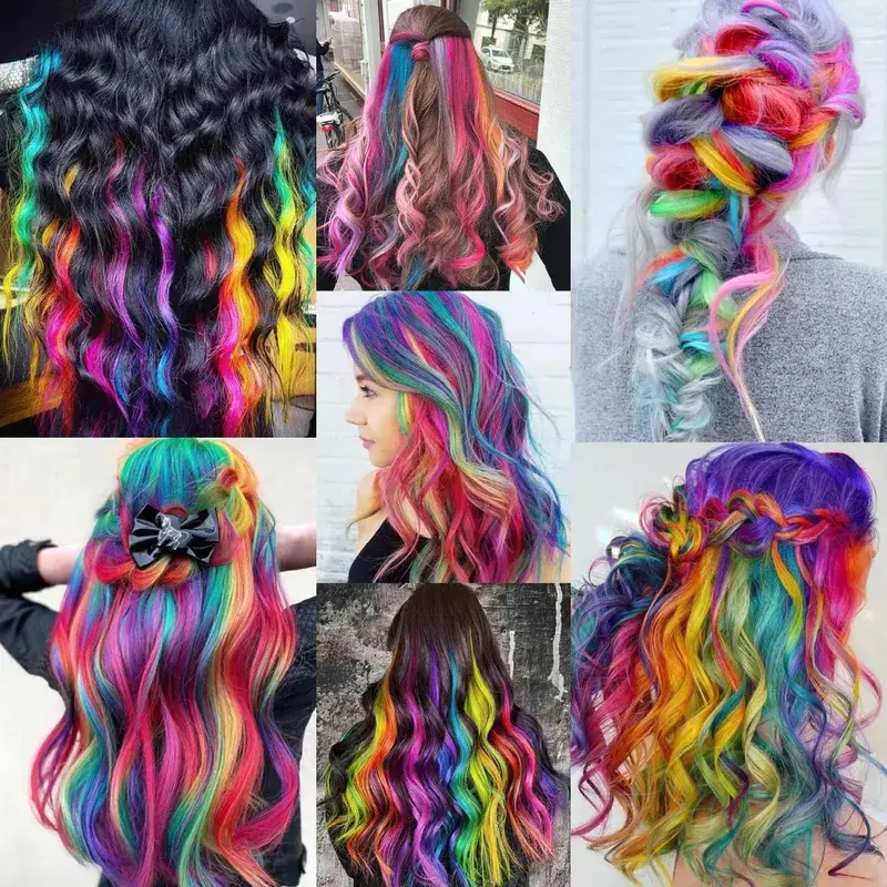 22Iinch Colored Curly Wavy Clip in Hair Extensions for Women Multi-colors Party Highlights Synthetic Rainbow Hairpiece (9 PCS)