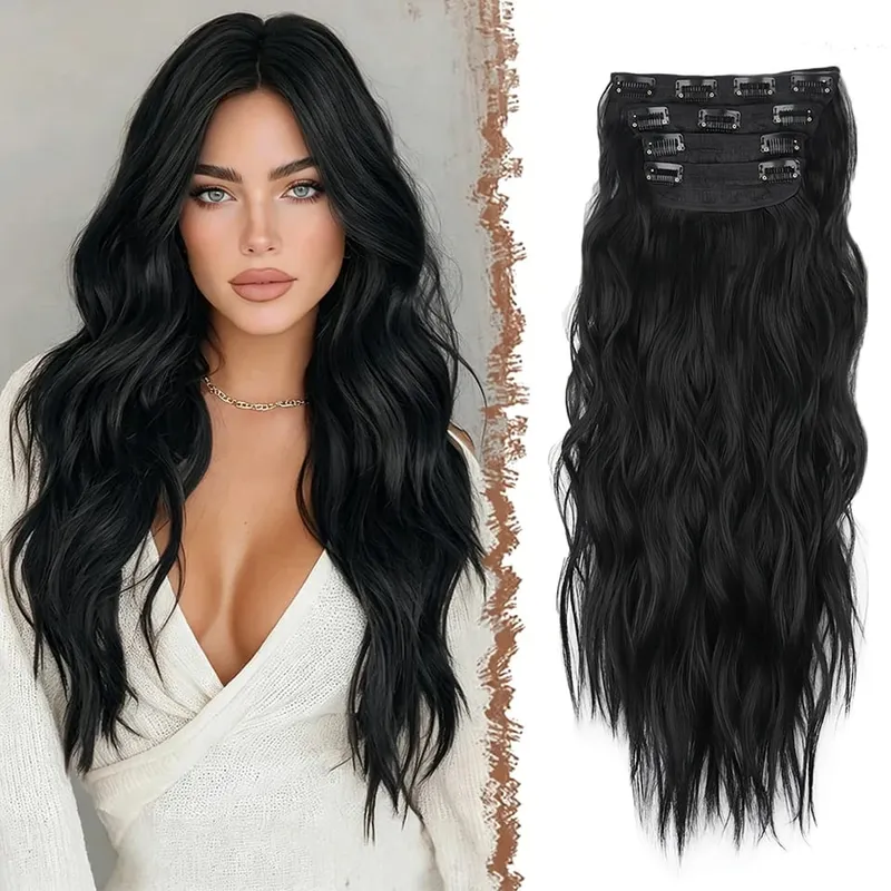 4 PCS Water Wave Clip In Hair Extensions Ombre Blonde Synthetic Natural Hairpieces For Women Lightweight All Day Wear