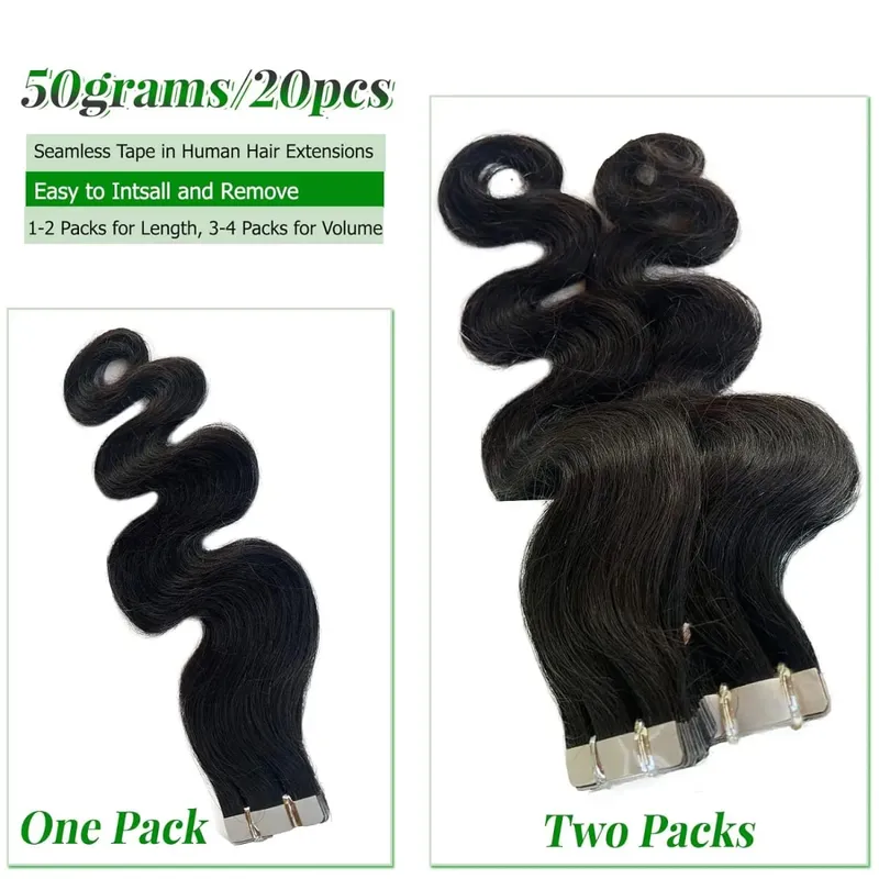 Body Wave Tape In Hair Extensions 50g/20pcs Brazilian 100% Human Hair Wavy Tape Ins Natural Black Adhesive Glue On Extensions
