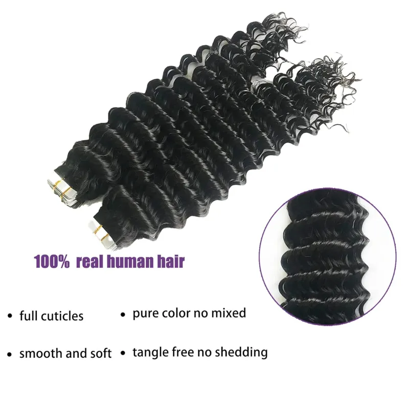 Deep Curly Tape in Human Hair Extensions Curly Wave Brazilské lepidlo na lidské vlasy Remy Hair Kůže Weft Bezešvá neviditelná páska In
