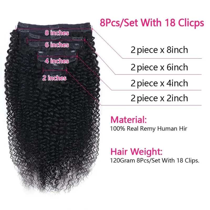 120g Kinky Curly Clip in Hair Extensions Clip Ins Human Hair 8 Pcs Per Set With 18 Clips Human Hair Extensions For Black Women