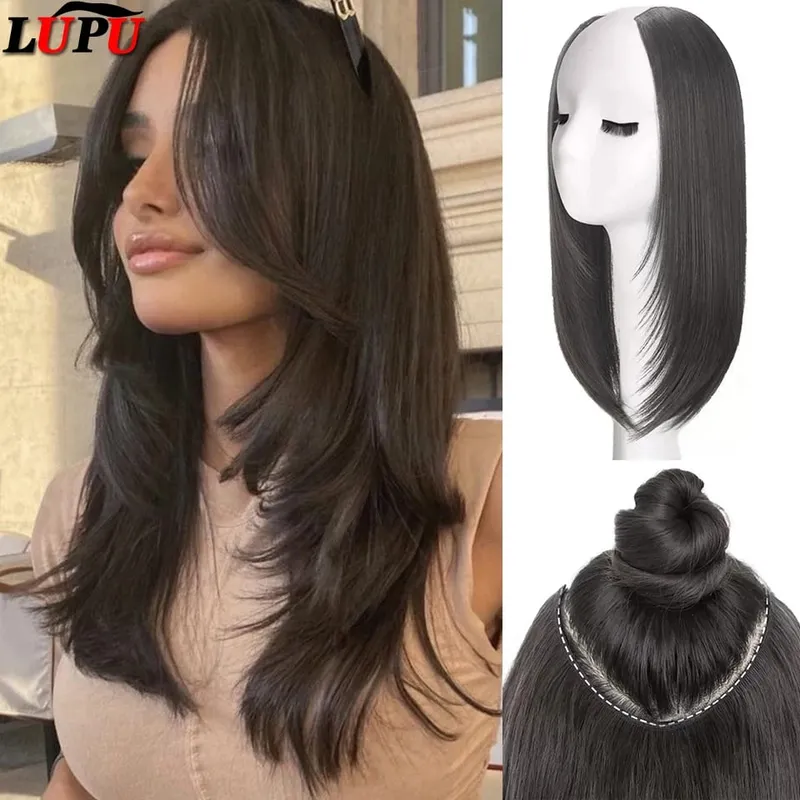 Synthetic Long Straight Hairstyles Clip In Hair Extension V Shape Heat Resistant Hairpieces Brown Black Hair