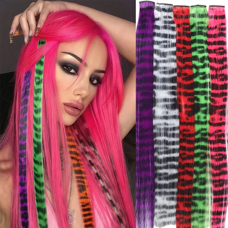 2PCS 18inch Hair Extensions Wig Hairpiece Colorful Leopard Print Hair Extensions Clip in for Women Halloween Party Daily Wear