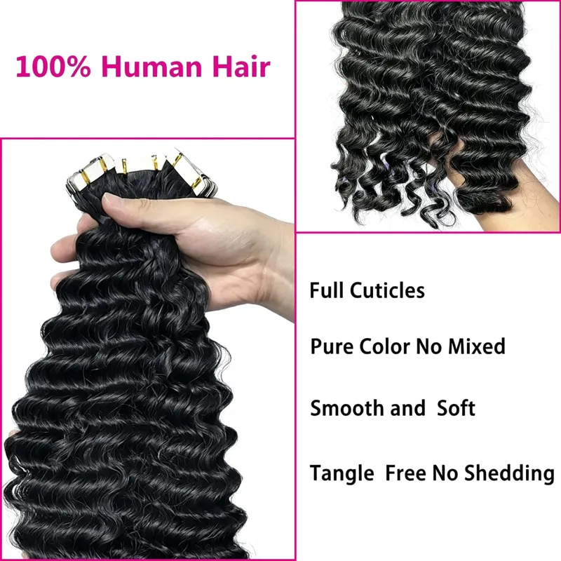 Cinta de onda profunda en extensiones de cabello, cabello humano, trama de piel, Invisible sin fisuras, extensiones de cabello con Clip y cinta, 20 piezas, 50 g/paquete