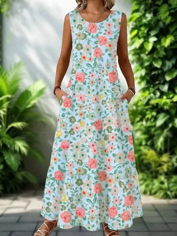 2026 New Women's Dress Fashion Floral Print New Sleeveless Design Dresses Summer Outdoor Beach Vacation Ankle Long Women's Dress