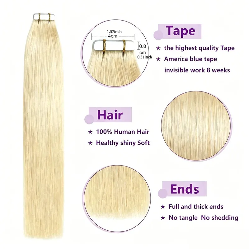 Tape in Hair Extensions Human Hair Bleach Blonde 26 Inch 50g/pack Straight Seamless Skin Weft Tape in Real Human Hair Extension