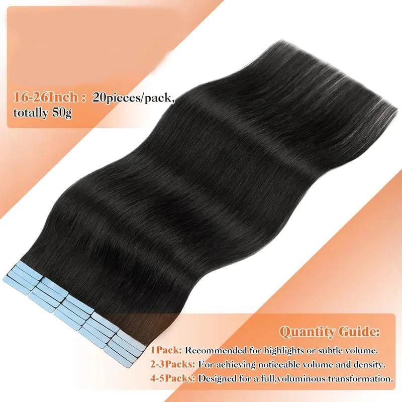 100% Human Hair Tape in Extensions 16 Inch Black 20pcs 50g Invisible Seamless Skin Weft Straight Human Hair Extensions