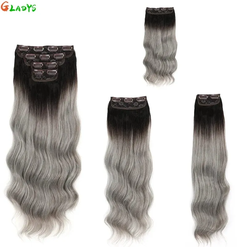 Gladys 220g/4Pcs 11 Clips Ins Ombre Grey Synthetic Hair Extensions 22 Inch Body Wave Ombre Brown Clip Ins Daily Use Hair Pieces