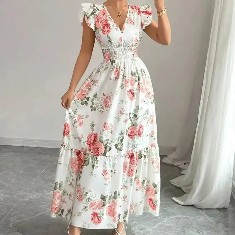 Pakaian Bercetak Bunga Romantik Wanita 2026 Fesyen Minimalis Skirt Elegan Kasual Musim Panas yang Sesuai untuk Wanita
