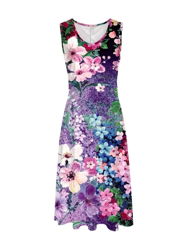 2026 New Women's Dress Fashion Floral Print New Sleeveless Design Dresses Summer Outdoor Beach Vacation Ankle Long Women's Dress
