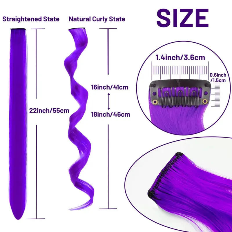 22Iinch Colored Curly Wavy Clip in Hair Extensions for Women Multi-colors Party Highlights Synthetic Rainbow Hairpiece (9 PCS)