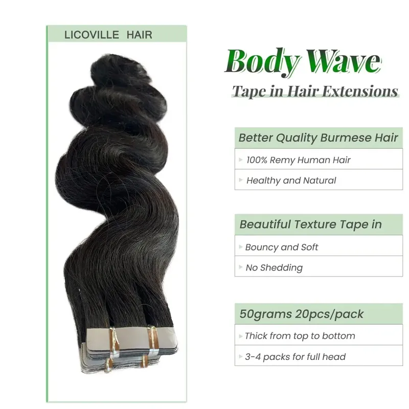 Body Wave Tape In Hair Extensions 50g/20pcs Brazilian 100% Human Hair Wavy Tape Ins Natural Black Adhesive Glue On Extensions