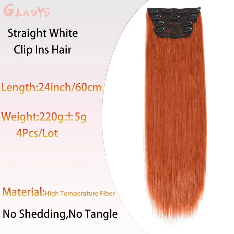 200G/lot Orange 11 Clips Ins Hair Extensions 24 Inch 4Pcs/lot Straight Highlight Synthetic Hair Clip Ins Daily Use Hair Pieces