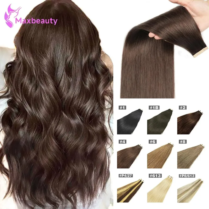 Dark Brown Tape In Hair Extensions Human Hair 20pcs 100% Remy Human Hair Straight Seamless Invisible Tape In Hair Extensions