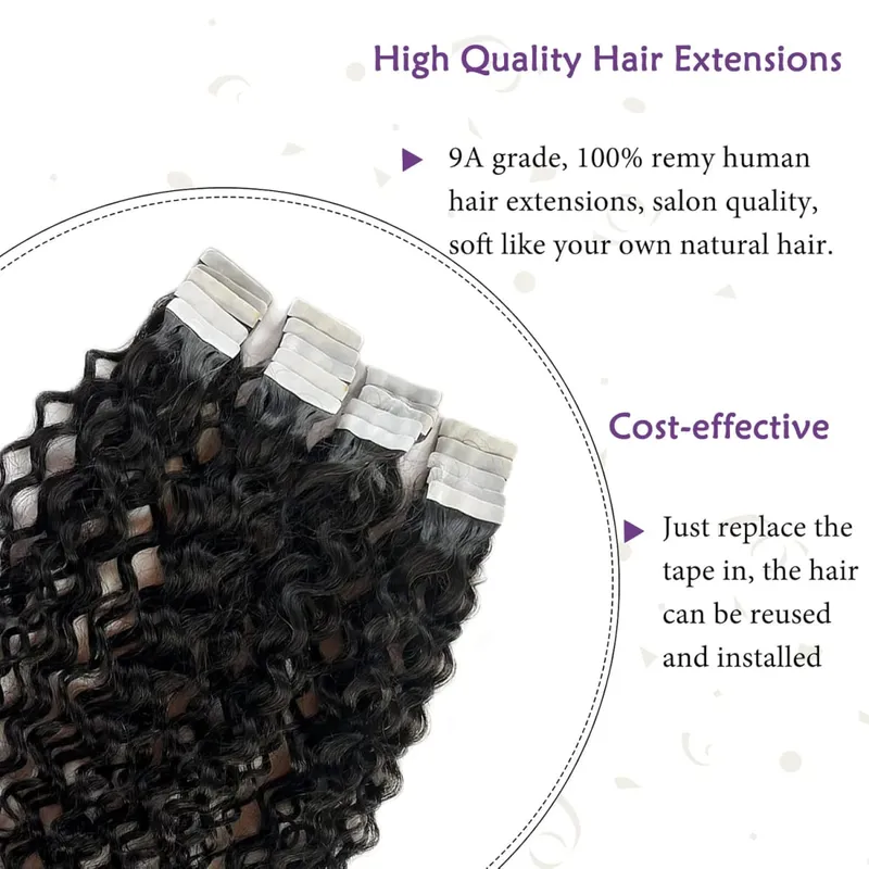 Deep Wave Tape In Hair Extensions Human Hair 20Pcs Double Sided Invisible Tape Hair Extension 50G/Pack Remy Human Hair Tape Ins