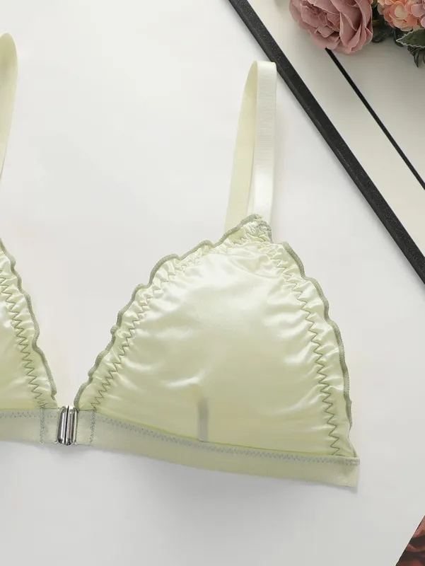 2Sets Women Satin Triangle Lingerie Set Wireless Front Closure Bra with Ruffle Trim Soft Comfortable Bra and Panty Set for Daily