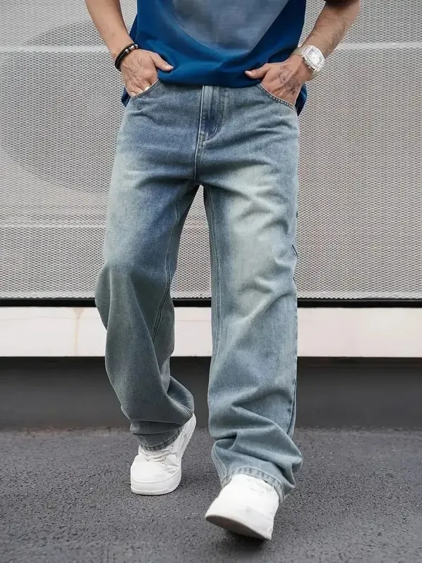 Men'S Casual Straight Wash Jeans - Light Blue Loose Fit Oblique Pocket Comfortable Blend Suitable For Casual Wear