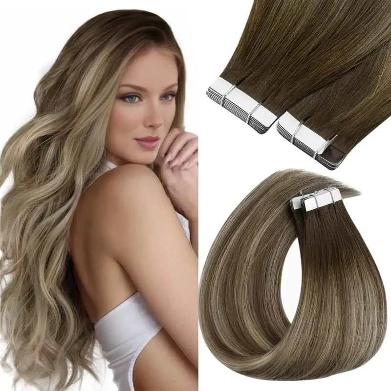 VeSunny Remy Tape In Hair Extensions 100% Brazilian human Natural Hair 12-24 inches 30&50G Balayage Color Seamless Tape Hair