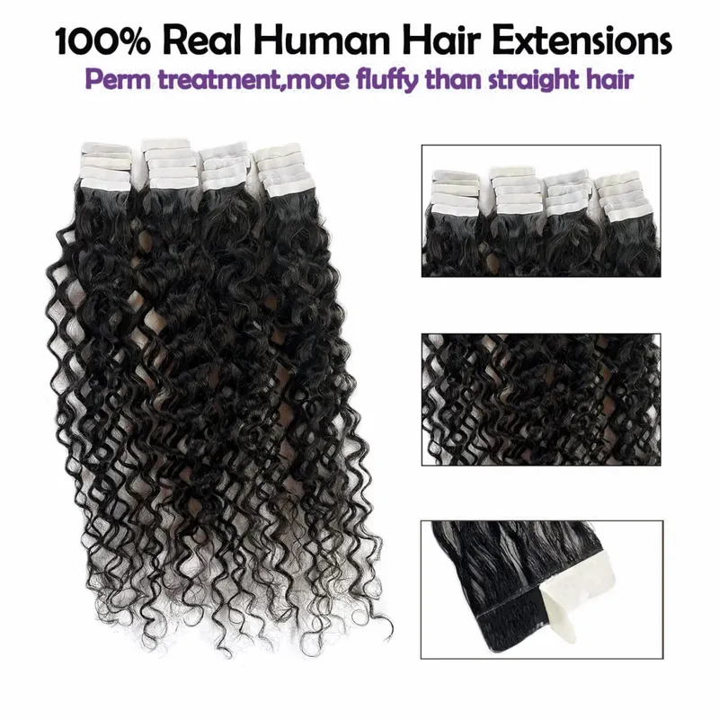 Deep Curly Tape in Human Hair Extensions Curly Wave Brazilské lepidlo na lidské vlasy Remy Hair Kůže Weft Bezešvá neviditelná páska In
