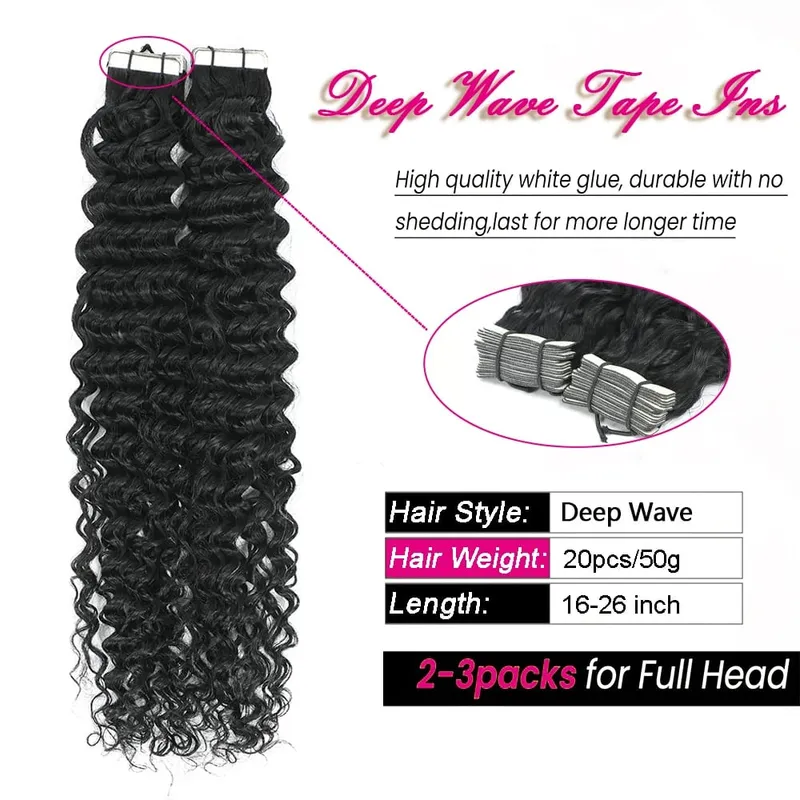 Cinta de onda profunda en extensiones de cabello, cabello humano, trama de piel, Invisible sin fisuras, extensiones de cabello con Clip y cinta, 20 piezas, 50 g/paquete
