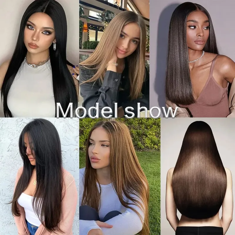 Cabelo longo e reto sintético, 5 clipes de extensão, clipes em fibra de alta temperatura, preto, marrom
