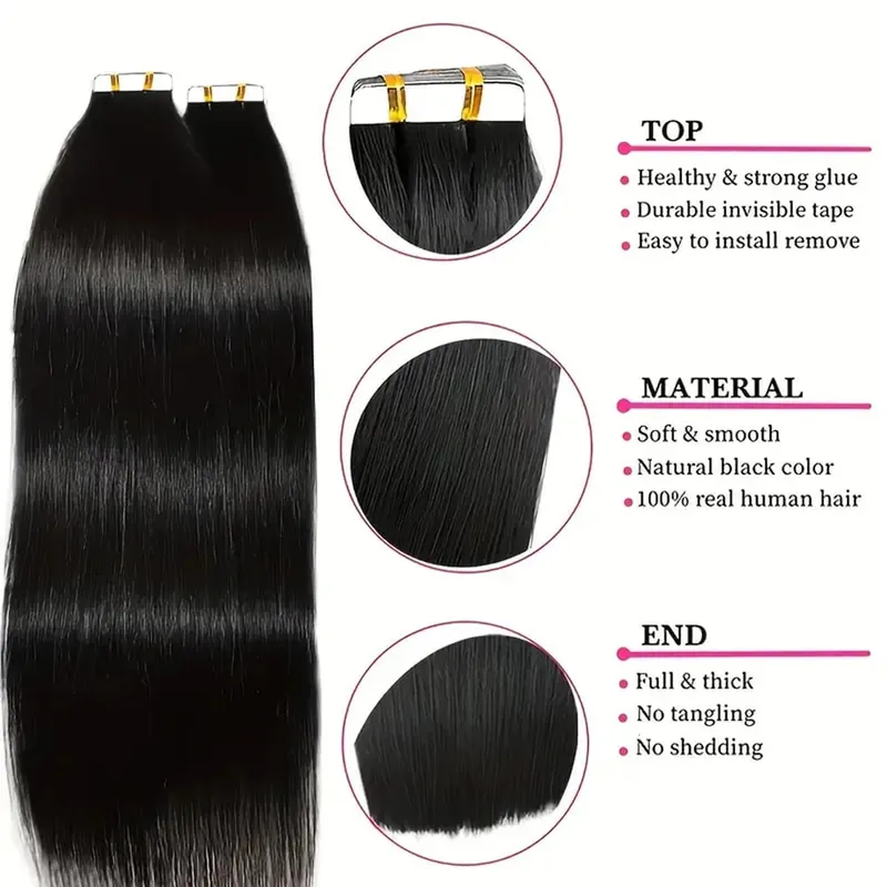 Natural Brazilian Tape Ins Hair Extensions Straight Seamless Tape In 100% Human Hair Adhesive Tape In 20/40/60pcs Hair For Women