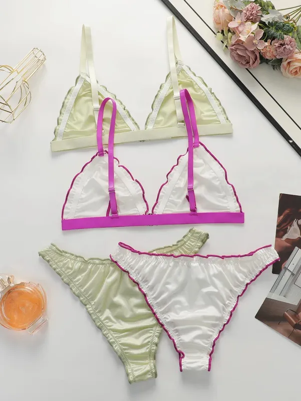 2Sets Women Satin Triangle Lingerie Set Wireless Front Closure Bra with Ruffle Trim Soft Comfortable Bra and Panty Set for Daily