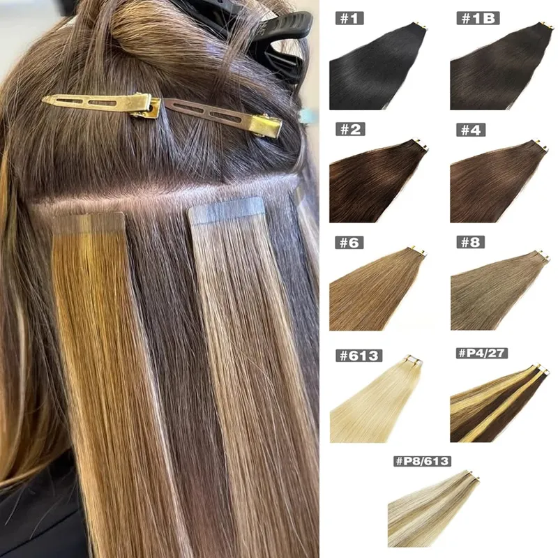 Natural Color Tape In Hair Extensions Human Hair Silk Straight Tape In Extensions Seamless Invisible Color P4/27 50G for Women