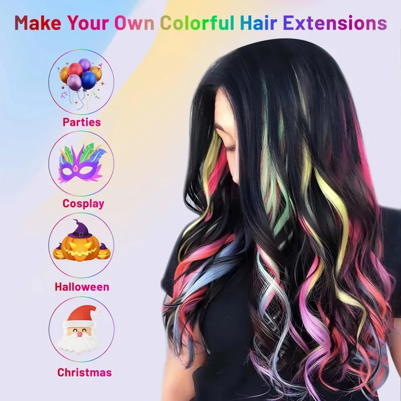 22Iinch Colored Curly Wavy Clip in Hair Extensions for Women Multi-colors Party Highlights Synthetic Rainbow Hairpiece (9 PCS)