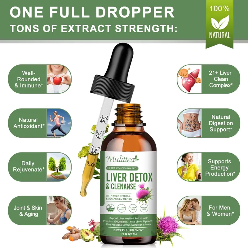 Mulittea Liver Health Gouttes avec chardon-Marie et artichaut - 60 ml Mélange d'herbes avec silymarine pissenlit curcuma et berbérine pour le nettoyage du foie, réparation détox et soutien quotidien