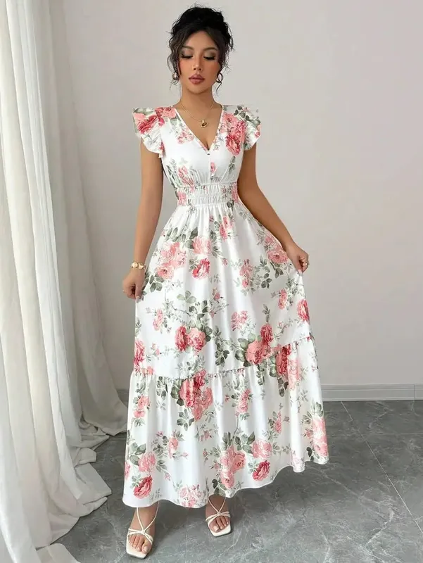 Pakaian Bercetak Bunga Romantik Wanita 2026 Fesyen Minimalis Skirt Elegan Kasual Musim Panas yang Sesuai untuk Wanita