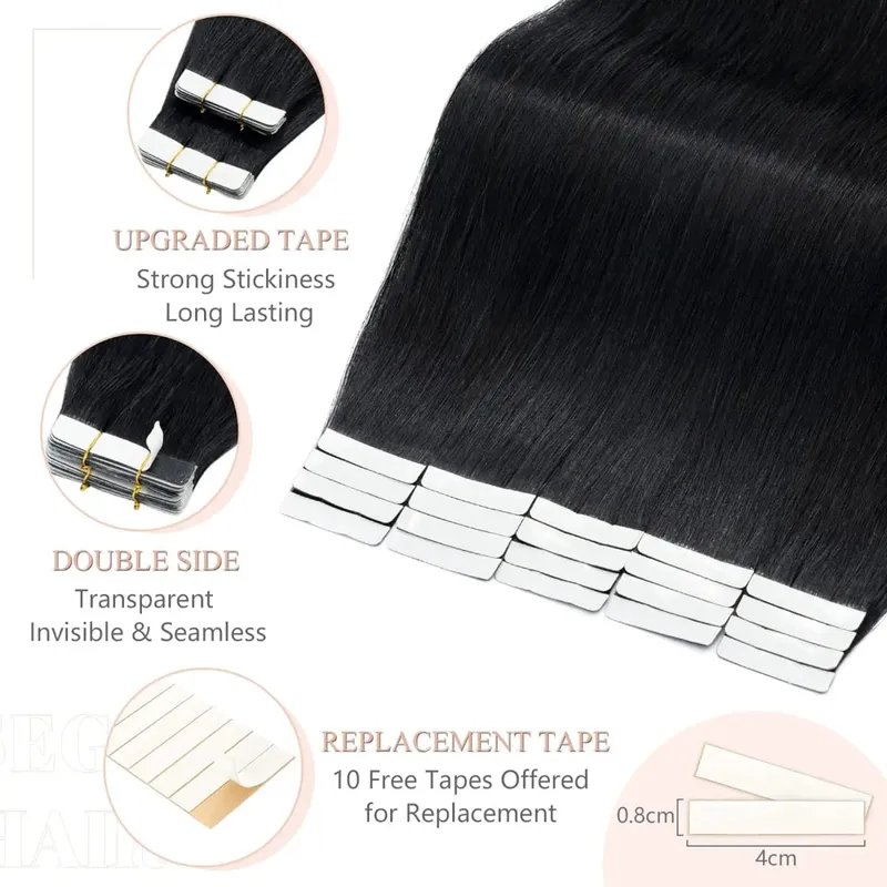 #1B Natural Color Tape in Hair Extensions Human Hair Natural Black Straight Remy Human Hair Extensions