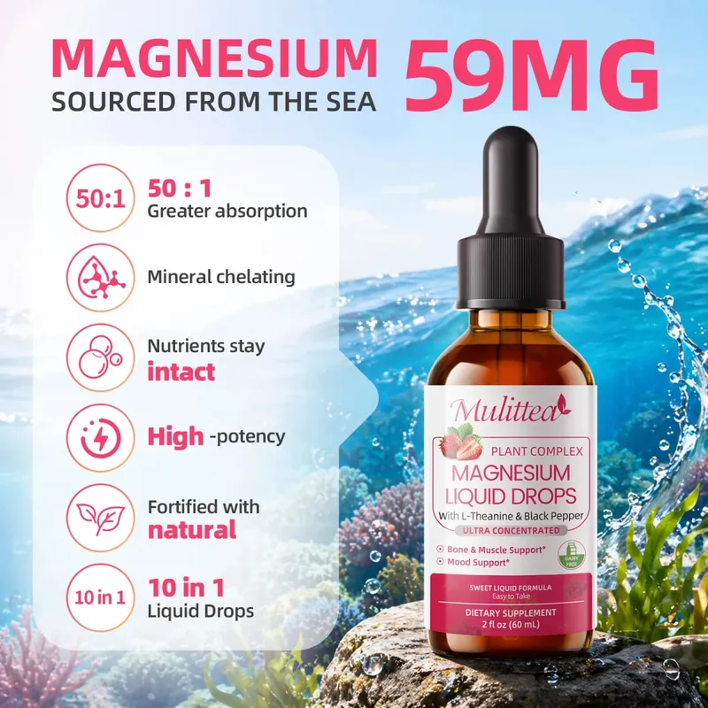 Mulittea Magnesium Drop Vegan+ ללא סוכר תומך ברגיעה ובריאות שינה תומך בתפקוד שרירים ומערכת העצבים עוזר לשמור על איזון אלקטרוליטים בריא