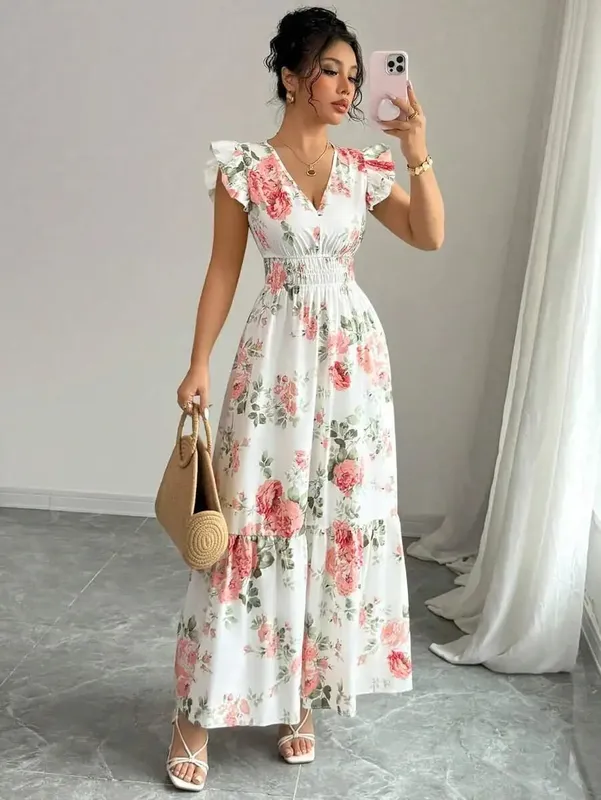 Pakaian Bercetak Bunga Romantik Wanita 2026 Fesyen Minimalis Skirt Elegan Kasual Musim Panas yang Sesuai untuk Wanita