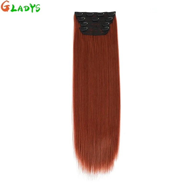Straight High Temperature Fiber 11 Clips Ins Hair Extensions 24 Inch Orange Brown Synthetic Hair Daily Use Hair Pieces For Women