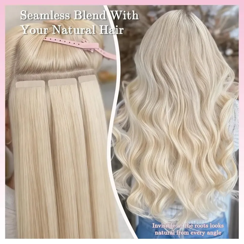 Platinum Blonde Tape In Hair Extensions Human Hair #60 Color 20Pcs 40G Invisible Tape Ins Seamless Skin Weft Remy Hair Extension
