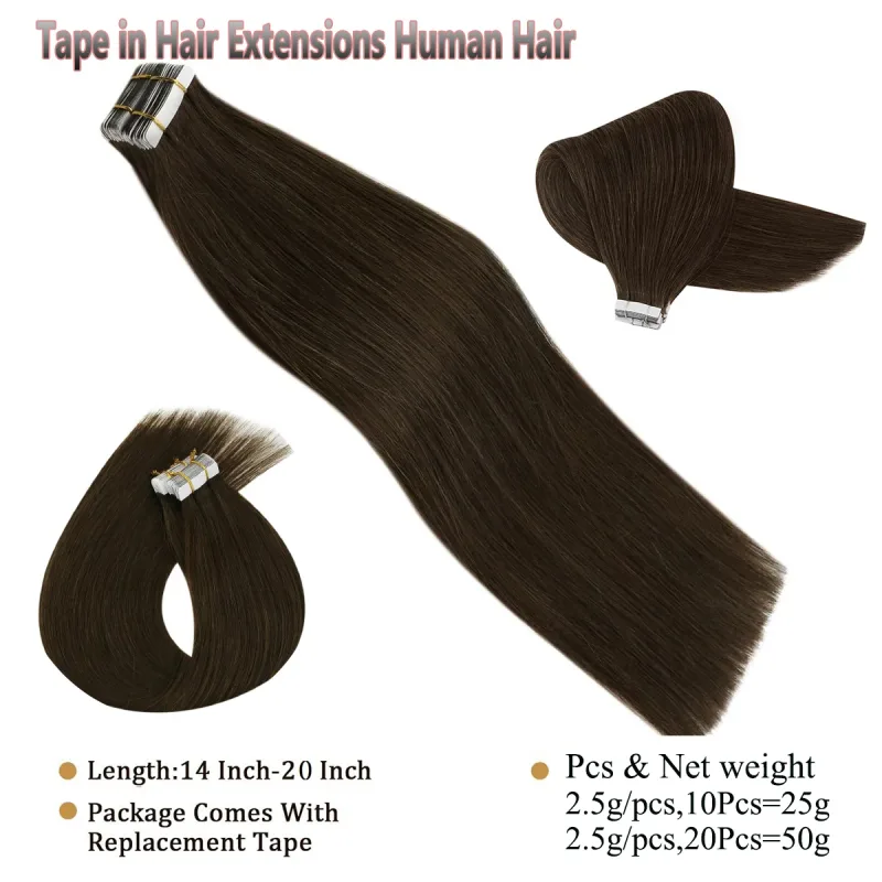 Invisible Tape in Hair Extensions 100% Remy Human Hair Dark Brown Hair Extensions for Women Adding Length And Volume
