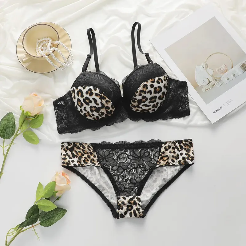 Sexy Lace Lingerie Set for Lady Push Up Bra with Steel Ring Leopard Printed Underwear Panty Fashion Brassiere