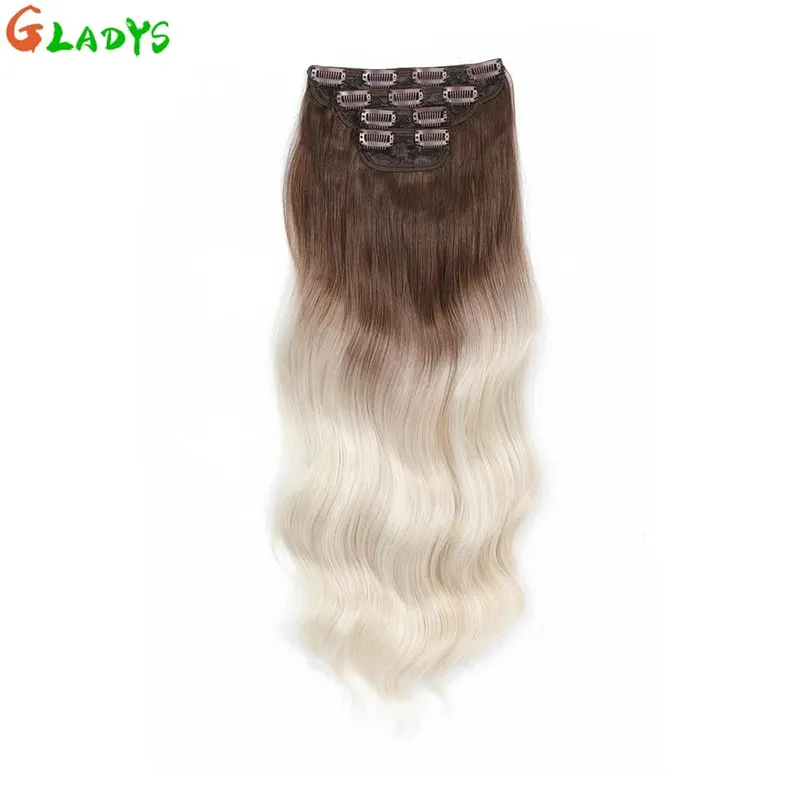 Gladys 220g/4Pcs 11 Clips Ins Ombre Grey Synthetic Hair Extensions 22 Inch Body Wave Ombre Brown Clip Ins Daily Use Hair Pieces