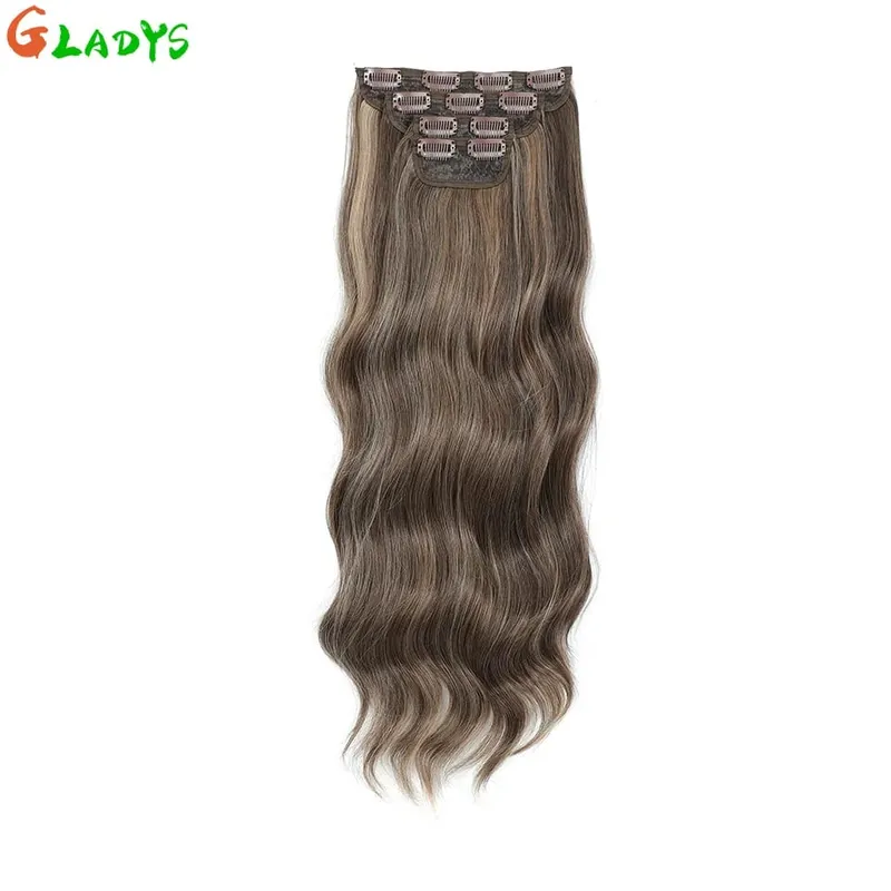 Gladys 220g/4Pcs 11 Clips Ins Ombre Grey Synthetic Hair Extensions 22 Inch Body Wave Ombre Brown Clip Ins Daily Use Hair Pieces