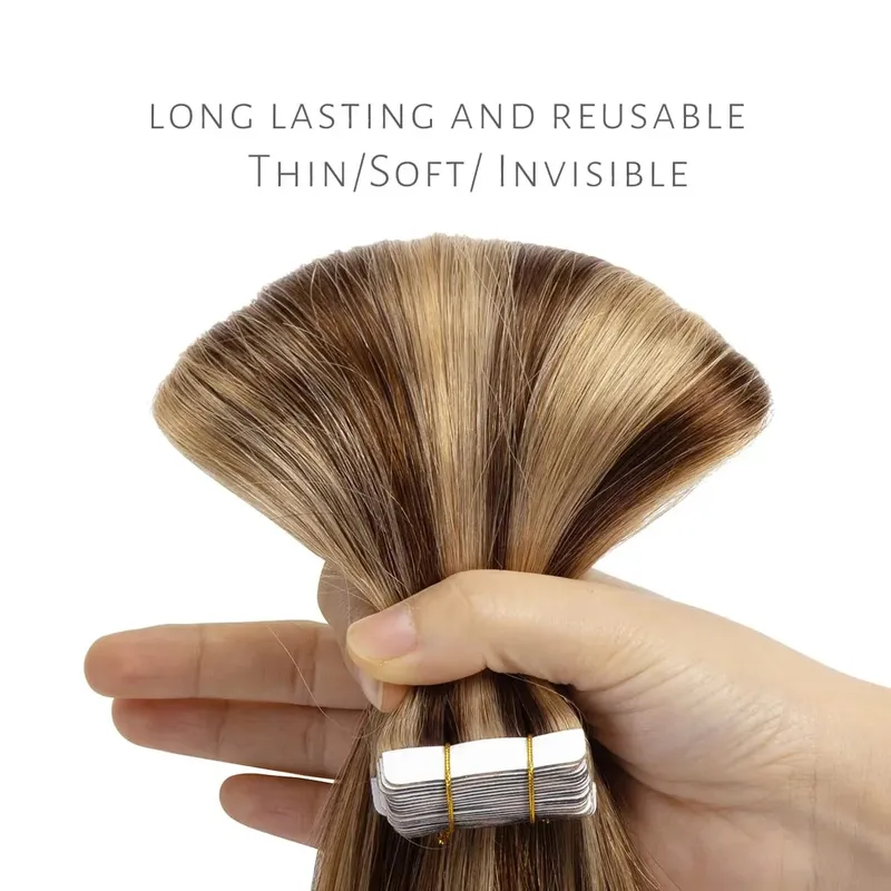 Tape In Hair Extensions Human Hair 50G 20Pcs #4/27 Highlight Color Tape Ins Straight Double Sided Skin Weft Remy Human Hair Tape