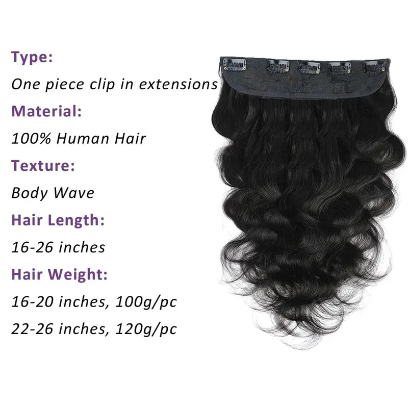 Curly One Piece Clip In Hair Extensions 100G Invisible Body Wave Human Hair With 5 Clips Natural Wave Clip In Hair Extensions