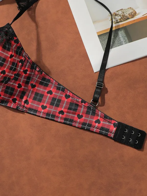 Christmas Red Plaid Lace Heart Push Up Bra Set Women Sexy Underwire No Padded Bralette & Panty Set