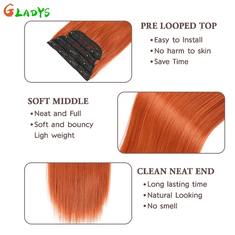 200G/lot Orange 11 Clips Ins Hair Extensions 24 Inch 4Pcs/lot Straight Highlight Synthetic Hair Clip Ins Daily Use Hair Pieces