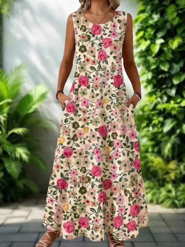 2026 New Women's Dress Fashion Floral Print New Sleeveless Design Dresses Summer Outdoor Beach Vacation Ankle Long Women's Dress