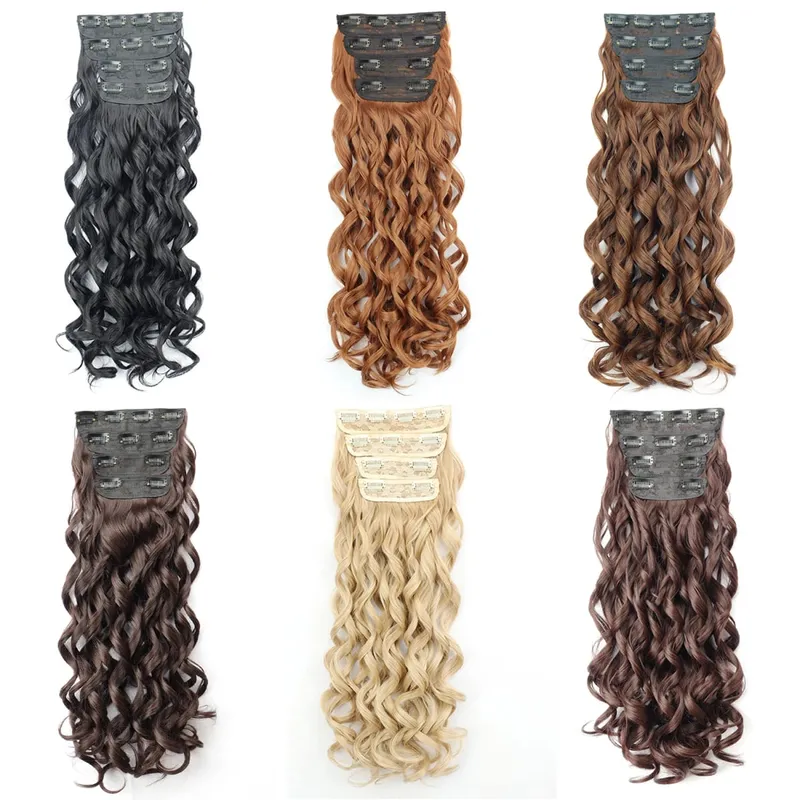 Synthetic 20 Inch Long Curly Clip In Hair Extensions 4pcs/set Bouncy Wavy Fake Hair Black Blonde Suitable For Women To Wear — image 6