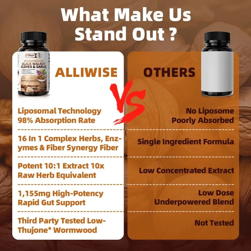 Alliwise 16-in-1 Black Walnut Wormwood Capsules Rapid Gut Cleanse & Digestive Health with Clove Garlic Turmeric Liposomal Delivery 98% Absorption Vegan Gluten-Free