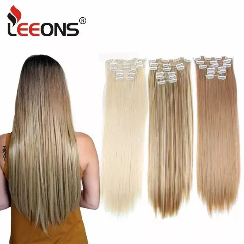 Leeons 16 clipes longos e retos sintéticos clipe em extensões de cabelo cheveux clipe naturel fibra de alta temperatura preto marrom peruca